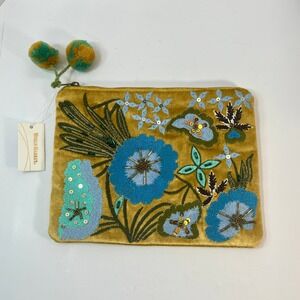 World Market Mustard Velvet Floral Embroidered Sequin Clutch Pom Pom Pouch
